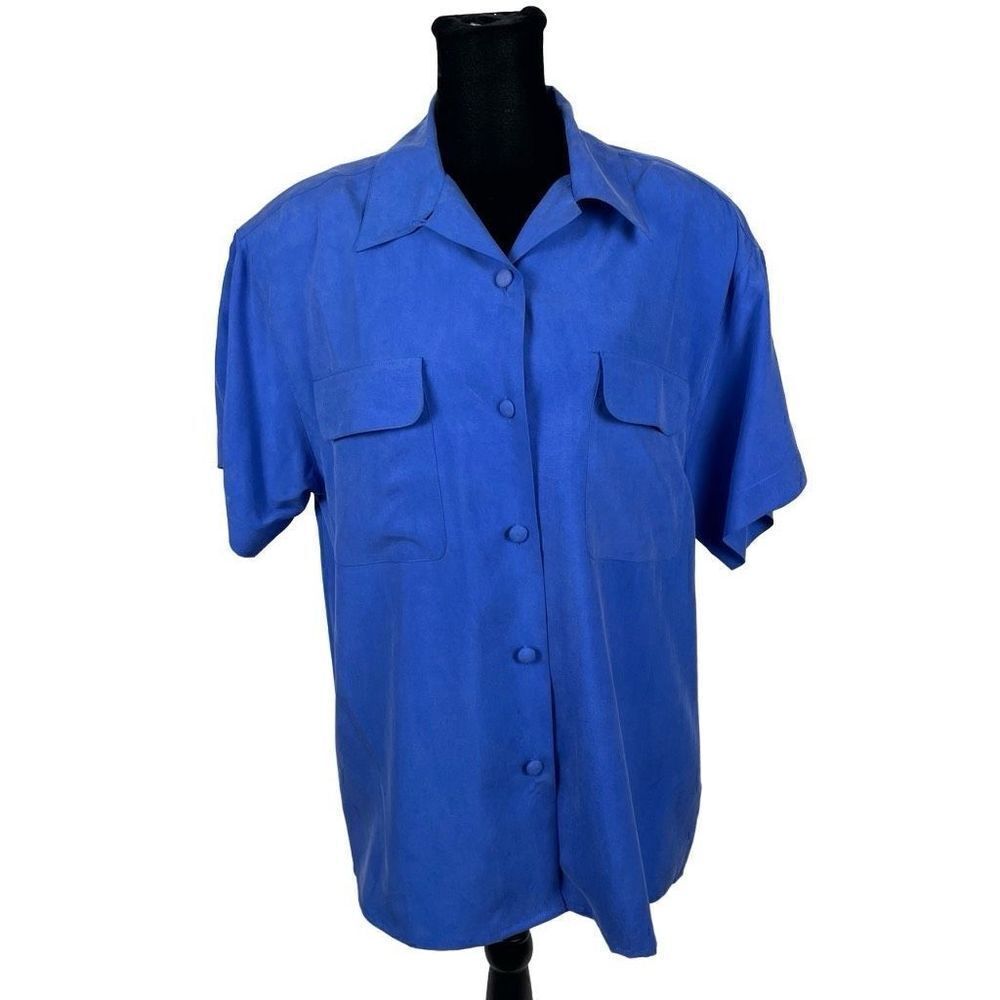 Vintage Peter Martin‎ 100% Silk Vibrant Blue Safari Button Down Blouse